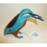 Painted cold cast bronze pin cushion in the form of a kingfisher with fish in beak, signed