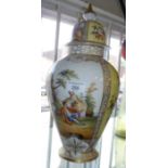 Tall Continental hand painted porcelain vase and cover (A/F)