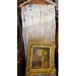 Embroidered and tasselled silkwork tablecloth together with a giltwood picture frame