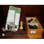 Wooden chess set, crib board and dominoes