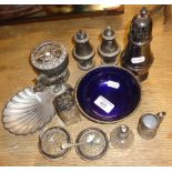 Pair of silver rimmed glass salts, silver plated sugar sifter and others