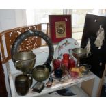 Assorted items including fretwork tray, Persian brass pot, cranberry glass, silver plate etc