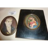 Mother and child portrait miniature on porcelain, and another of a gentleman