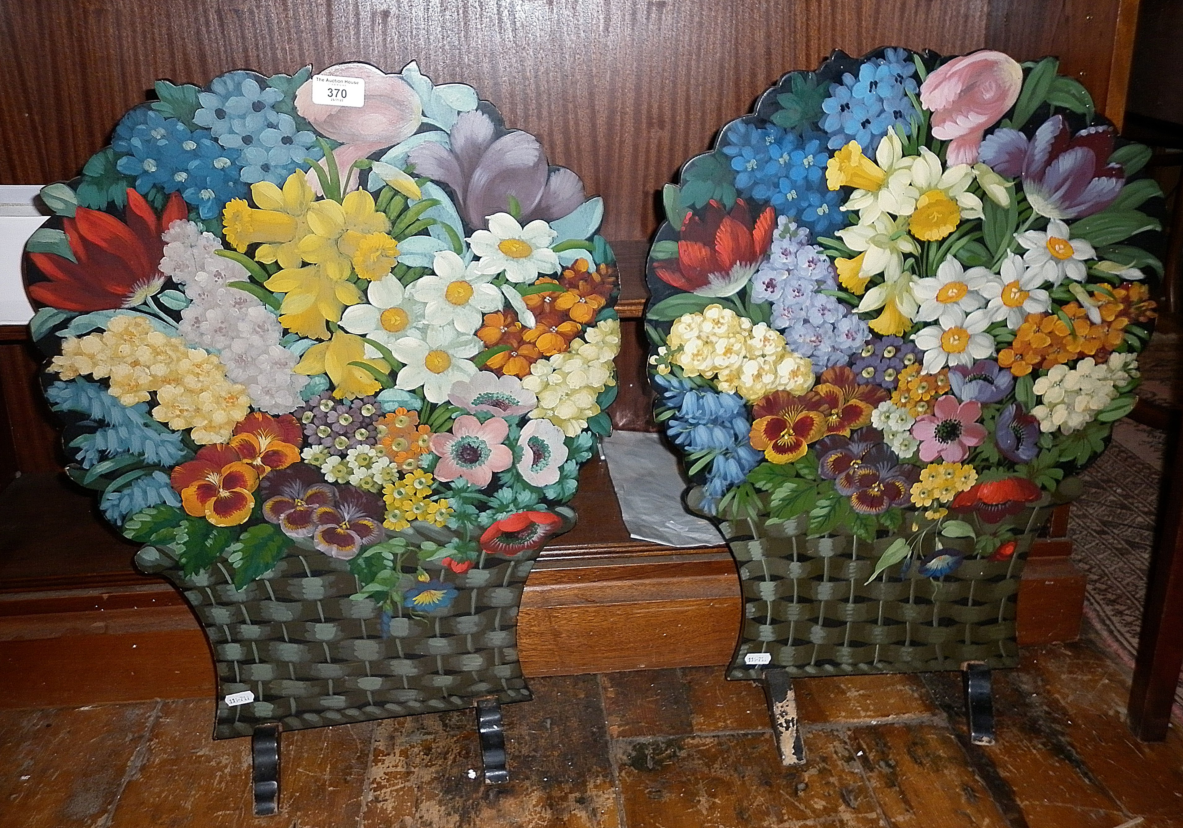 Pair of decorative floral painted wood firescreens