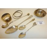 Silver spoons and other bits - some scrap. Inc. modernist silver iced tea spoon with gold finial -