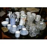 Assorted glassware, Denby pottery mugs, a Continental coffee set and other china