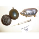 Sterling silver pig vesta case, hallmarked silver retractable toothpick, and a Victorian vulcanite