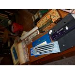 Assorted artists' materials etc including drawing instrument set, pastels, paintbrushes and a Chad