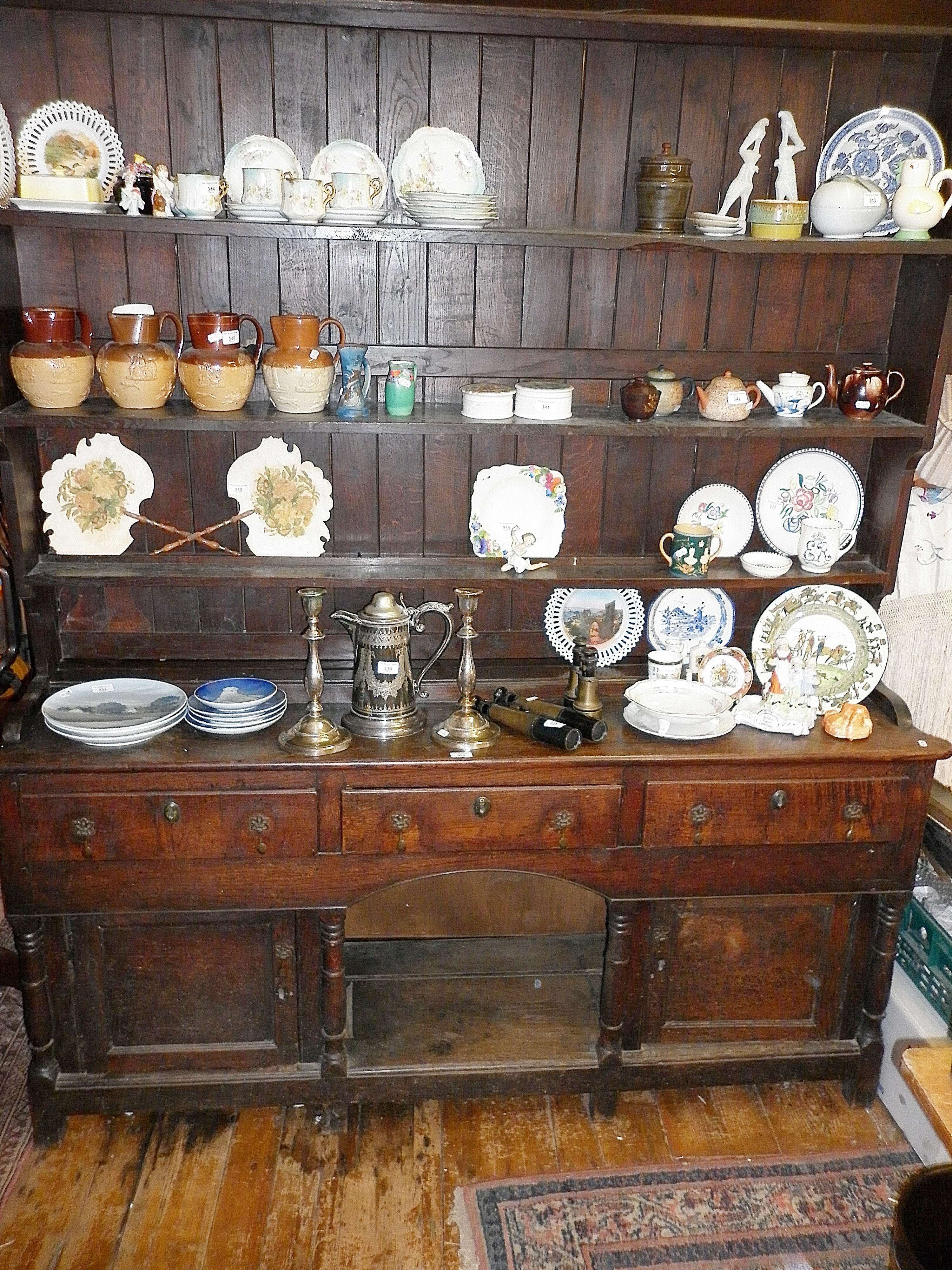 18th c. oak potboard dresser with three drawers having original brass drop handles and later