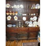 18th c. oak potboard dresser with three drawers having original brass drop handles and later