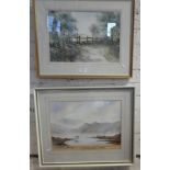 Watercolour of a loch with cottages and fishing boat by Townsend, and a watercolour of a landscape