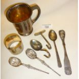 Hallmarked silver cutlery, engraved mug, napkin ring etc., total approx. weight 195g