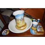 Staffordshire china jug and basin with soap dish and dressing table set