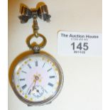 Ladies 800 silver pocket watch with finely enamelled dial and silver bow brooch fitting