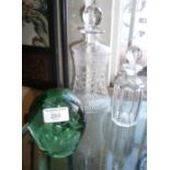 Victorian Nailsea green glass dump, an etched glass decanter and another