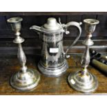 Ornate silver plated coffee pot and pair of Sheffield plate candlesticks