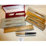 Various vintage boxed fountain and ballpoint pens. Including a Parker 51 and an Osmiroid 65 with