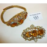 Etruscan style pinchbeck or gold plated filigree bracelet with citrine coloured stone, together with