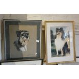 Pastel portrait of a bearded terrier by Margaret Anderson, and a colour print of a collie