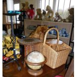 3-legged stool, a wrought iron candlestick, vintage globe and a shopping basket