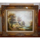 Continental oil on canvas in gilt frame of a house and lake with figures, signed Van Barrgh