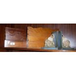 Two wooden letter racks and a pair of "elephant" bookends