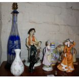 Etched blue glass 'decanter' table lamp, pottery figures, iron hand door knocker (A/F), etc.