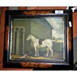 Naive oil on canvas of a horse near a stable with dog, signed