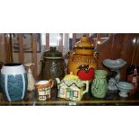 Cottage ware teapot, German retro vase, two Rumtopf jars and other pottery