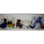 Shelf of assorted china and pottery including lustreware, small Chinese porcelain dish with four