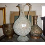 19th c. finely decorated Persian Qajar copper ewer, and two other similar pieces