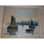 1960s oil on canvas of Portuguese sailing fishing boats by Hilario Roberto, signed lower left, 18" x