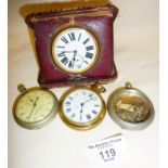 Old travel clock in leather case, with Ingersoll pocket watch and Junghans stop watch etc