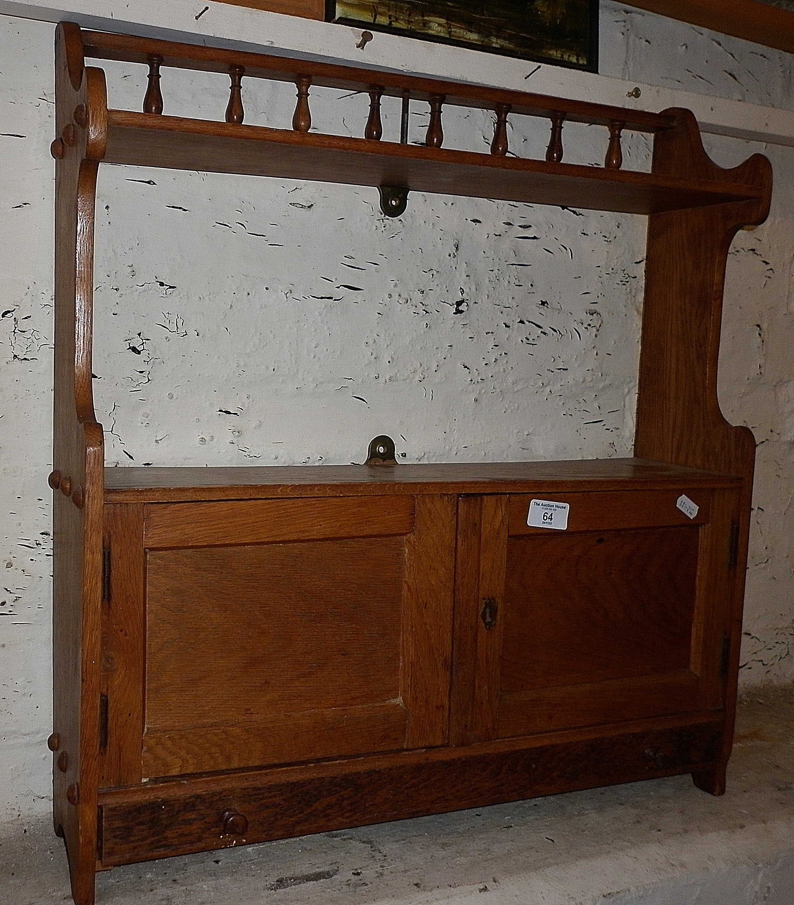 Victorian two-door wall shelf cupboard with turned gallery