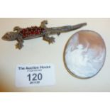 Marcasite silver lizard brooch (missing eye) and a finely carved antique cameo brooch (missing pin)