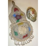 Beaded wax egg dated 1926, and a beadwork pocket watch holder