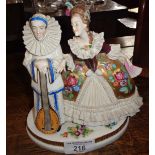 Dresden fine porcelain figures group of a lady with pierrot musician