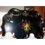 Large Victorian lacquered and shaped papier mache Butler's tray with painted floral and mother of