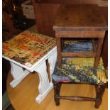 Two footstools and a 'Beano' comic decoupage bedside table