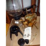 One vintage Cona Coffee maker and an Arts & Crafts embossed brass kettle on stand