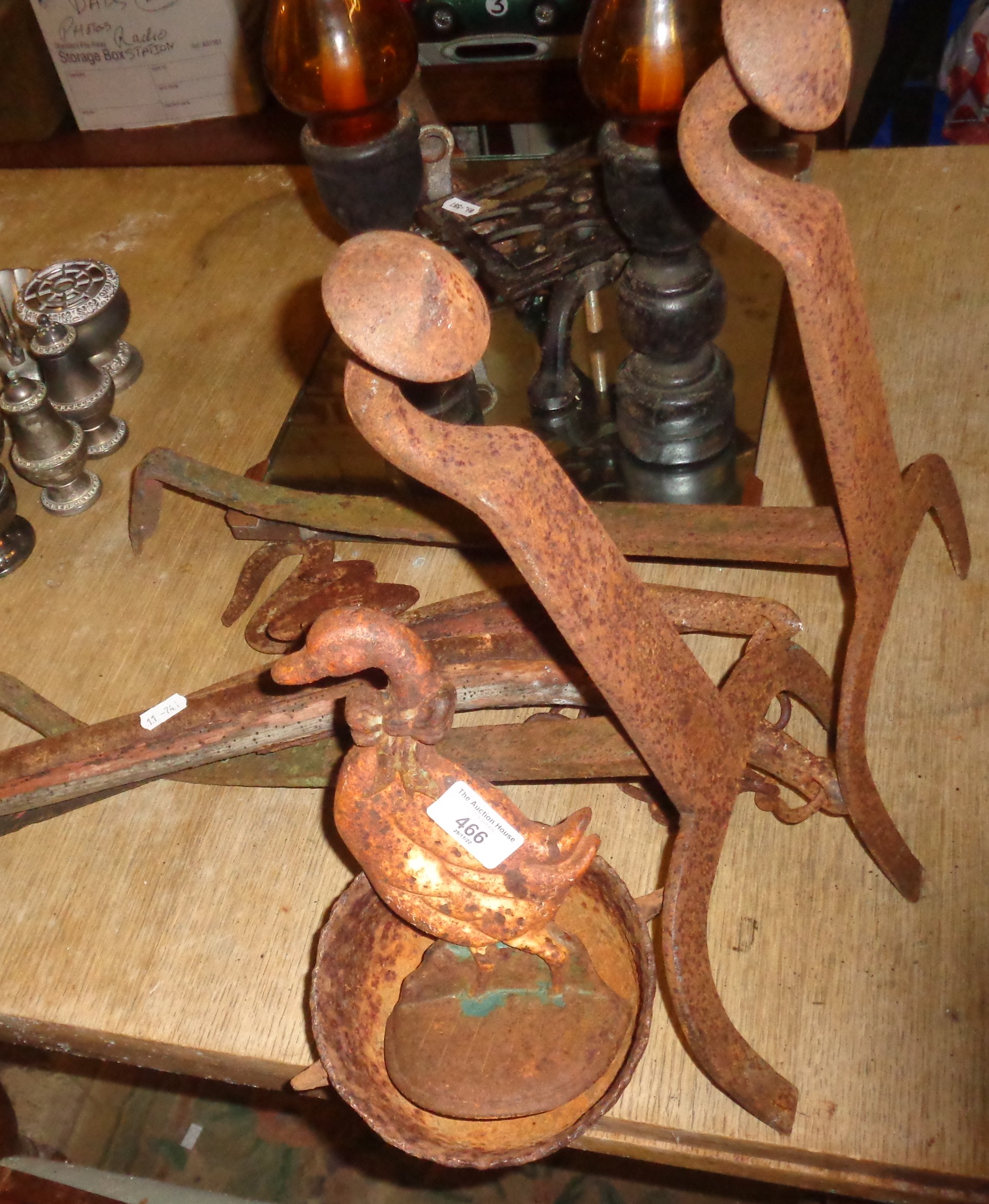 Pair of old iron firedogs, pair of rusty haimes, etc.