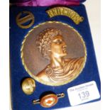 Large bronze medal for finishing in the Thames Barge (T.O.W.) Race and four badges