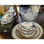 China tureens and meat platters (A/F), a glass punch bowl with twelve cups and a tin filing drawer