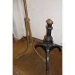 Regency embossed brass pole screen stand and a similar ebonised wood tripod base
