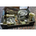 Assorted silver plate and brassware, inc. pair of brass eagles, Indonesian carving set in carved