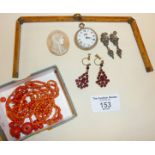 Loose coral beads, antique loose shell cameo, earrings, miniature folding ruler, etc.