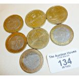 Seven various pictorial Two Pound (£2) coins