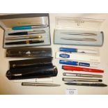 Vintage fountain pens, pencils and ballpoints, some advertising Rothmans cigarettes, British Airways