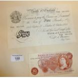 1951 Five Pounds GB banknote, and another for 10 shillings
