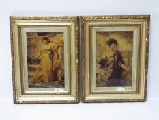 A set of two framed crystoleum pictures depicting ladies in classical dress,
